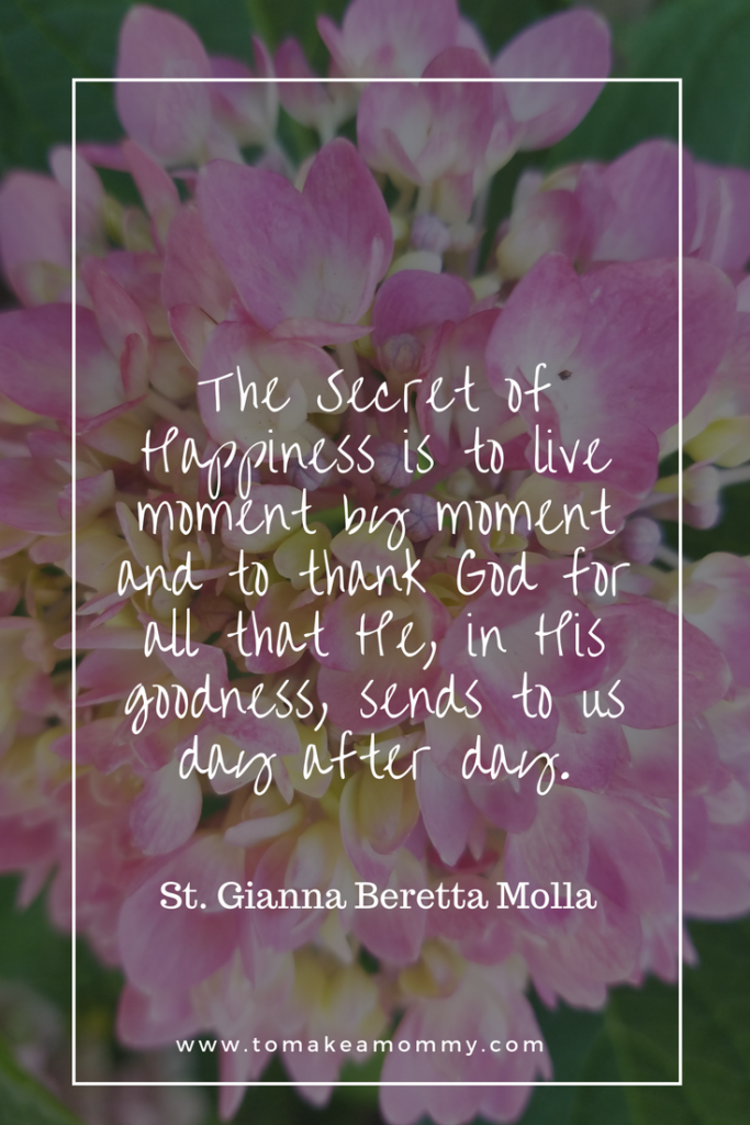 A beautiful inspirational quote of St. Gianna on the secret of happiness! She is a Catholic Patron Saint of Fertility, Infertility, Motherhood, and Pregnant Women!