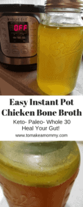 Super easy and simple Chicken Bone Broth Recipe for your Instant Pot, Slow Cooker, or Crock Pot. Great for gut healing. Keto, Paleo, Whole 30, AIP, and Clean Eating friendly!