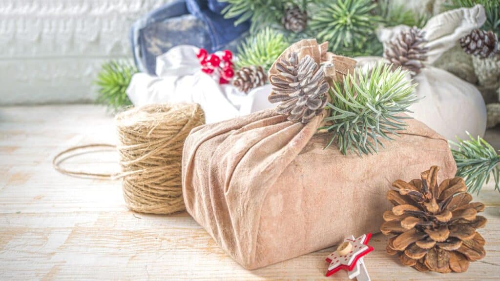 Sustainable Holiday Gifting & Non-Toxic Holiday Gift Guide,; image of sustainably wrapped presents under the tree