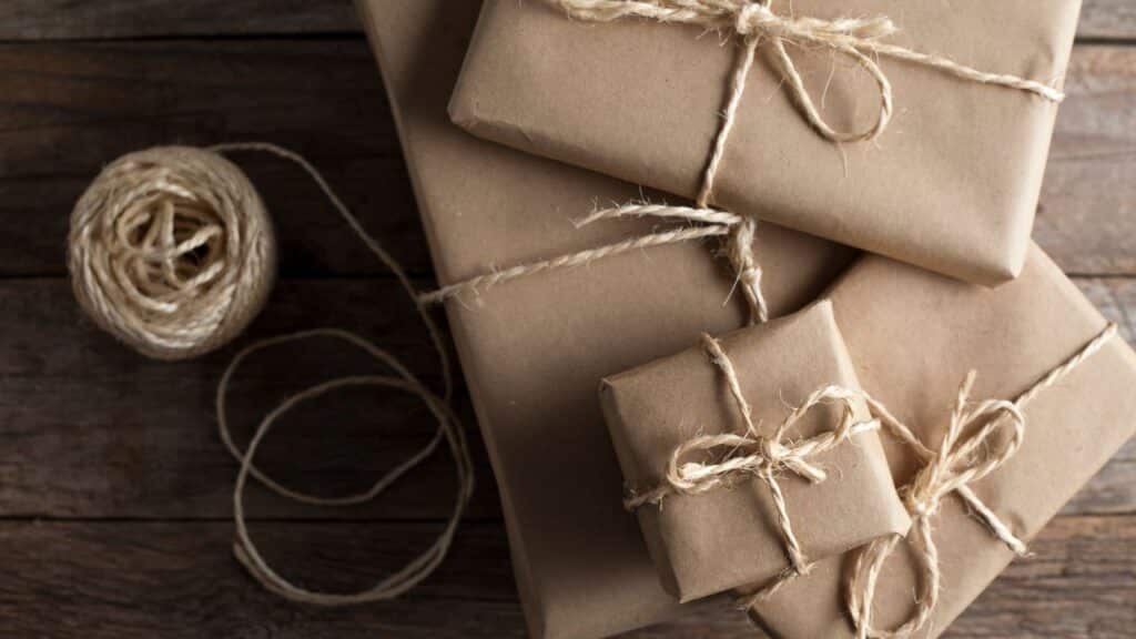 Brown Paper Packages Tied Up in String for Sustainable and Non-Toxic Holiday Gift Ideas